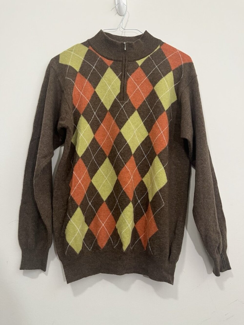 Amerigo Vespucci Merino Wool Sweater Mens L Brown Argyle 1/4 Zip Pullover Italy